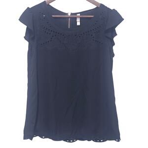 Xhilaration Womens Top S Black Eyelet Lace Trim Flutter Cap Sleeve Fairy Grunge